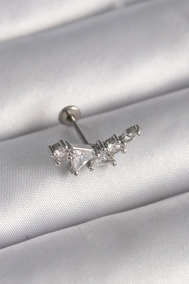 316L Çelik Gümüş Renk Zirkon Taşlı Tragus Piercing - Lisinya