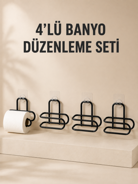 4 Adet Yapışkanlı Tuvalet Kağıdı Askısı Siyah Metal Delmeden Duvara Monte WC Kağıtlık - Lisinya