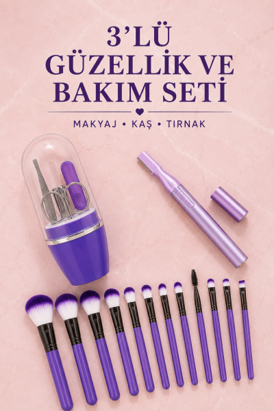 12’li Makyaj Fırça Seti Kaş Düzeltme Cihazı ve Tırnak Bakım Seti 3’lü Kadın Güzellik ve Kişisel Bakım Seti - Lisinya