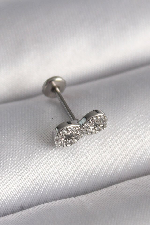 316L Çelik Gümüş Renk Zirkon Taşlı Sonsuzluk Model Tragus Piercing - Lisinya