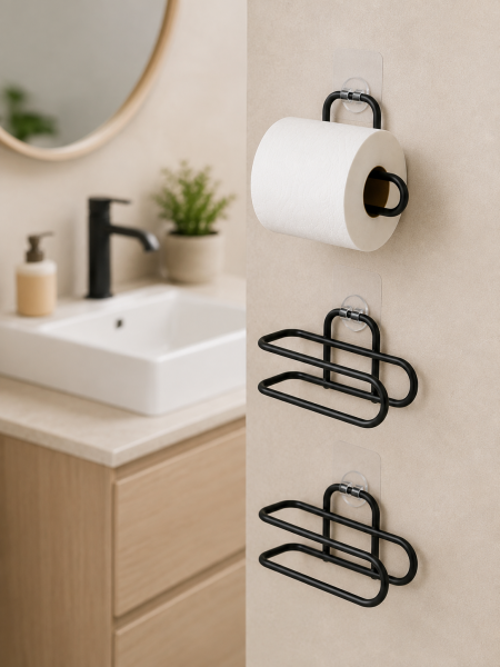 3’lü Yapışkanlı WC Kağıtlığı Siyah Rulo Tutucu Banyo ve Mutfak Kullanımı - Lisinya