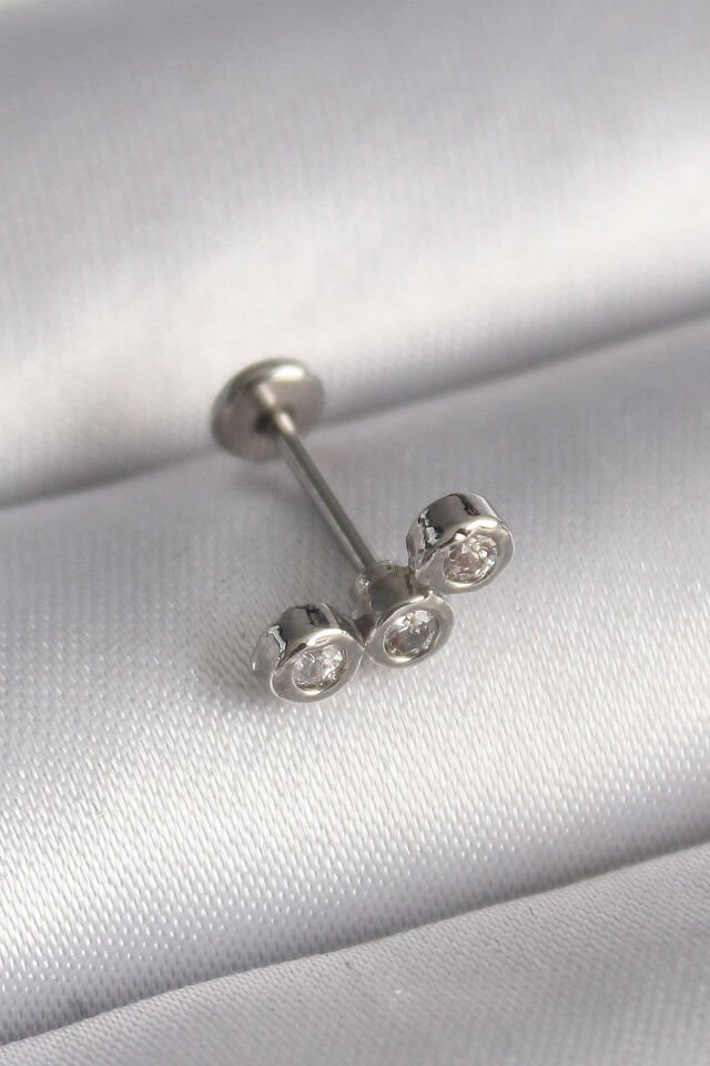 316L Çelik Gümüş Renk Zirkon Taşlı Tragus Piercing - Lisinya