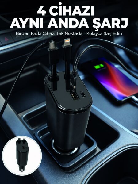 120W Hızlı Şarj Destekli 4'ü 1 Arada Araç Şarj Cihazı Type-C, Lightning, USB ve USB-C Çıkışlı - Lisinya