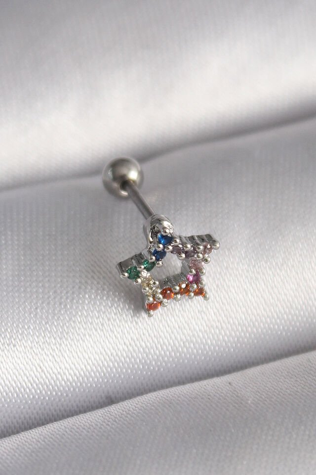 316L Çelik Gümüş Renk Renkli Zirkon Taşlı Yıldız Model Tragus Piercing - Lisinya