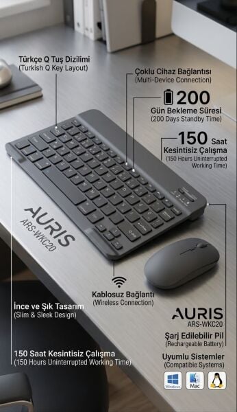 ARS-WKC20 Kablosuz Bluetooth Klavye ve Fare Seti  - Lisinya