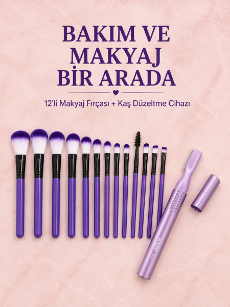 12’li Mor Makyaj Fırça Seti ve Kaş Düzeltme Cihazı Kadın Makyaj ve Kişisel Bakım Seti - Lisinya