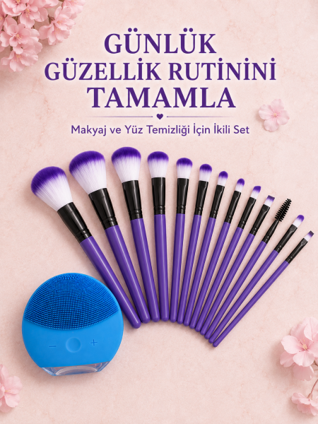 12 Parça Makyaj Fırçası ve Silikon Yüz Temizleyici Cihaz İkili Güzellik ve Kişisel Bakım Seti - Lisinya