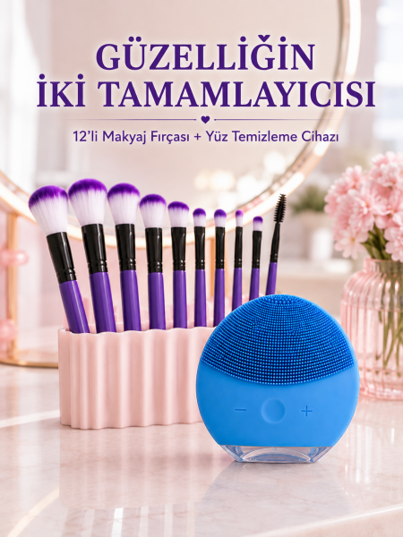 12’li Mor Makyaj Fırça Seti ve Silikon Yüz Temizleme Cihazı İkili Makyaj ve Cilt Bakım Seti - Lisinya