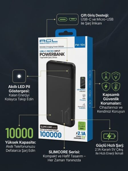 10000 mAh Hızlı Şarj Destekli Akıllı LED Göstergeli İnce Powerbank - Lisinya