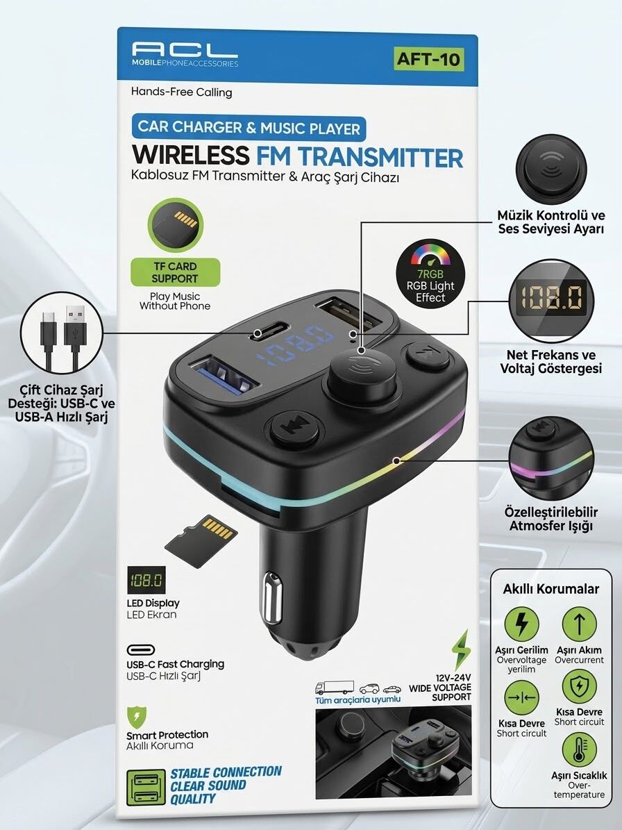 FM Transmitter ve Çift Çıkışlı Araç Şarj Kiti - Lisinya