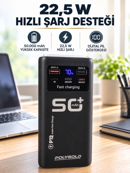 Yüksek Kapasiteli 50.000 mAh Powerbank 22,5 W Hızlı Şarj 4 Dahili Kablo LED Aydınlatma - Lisinya