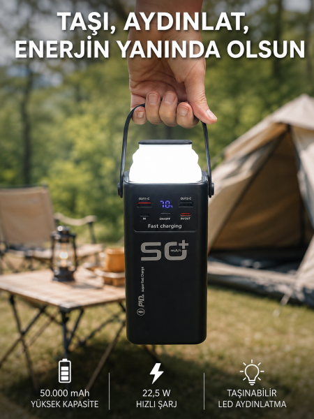 50.000 mAh Powerbank Hızlı Şarj 4 Dahili Kablolu Dijital Göstergeli LED Aydınlatmalı Taşınabilir Şarj Cihazı - Lisinya