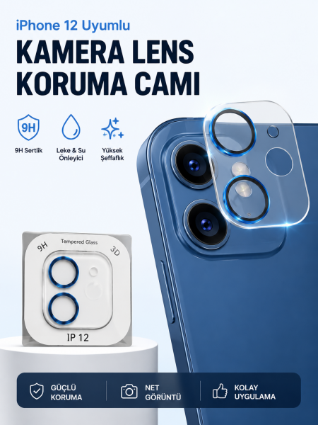 iPhone 12 Kamera Lens Koruyucu 9H Temperli Cam Mavi