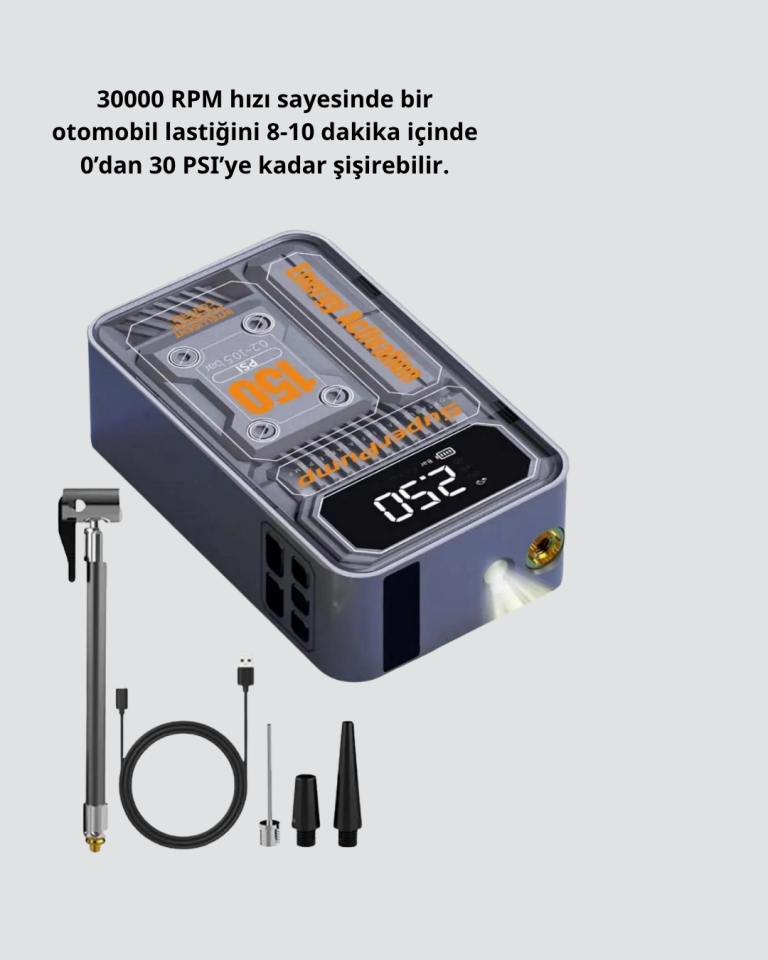 Şarjlı Kablosuz Hava Pompası – 150 PSI Basınç, LED Ekran ve 6000mAh Batarya - Lisinya