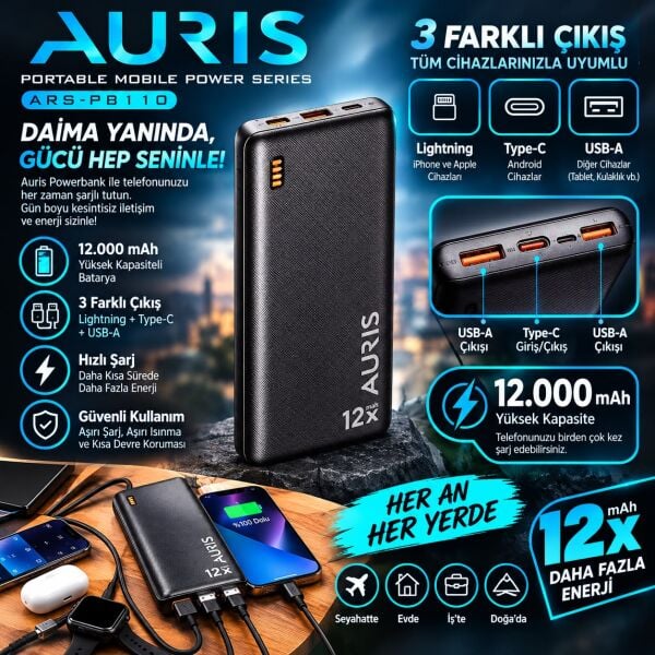Auris ARS-PB110 12.000 mAh Powerbank - Lisinya
