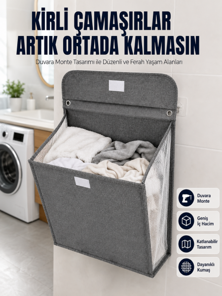 Banyo ve Çamaşır Odası İçin Duvara Asılan Katlanabilir Çamaşır Sepeti - Lisinya