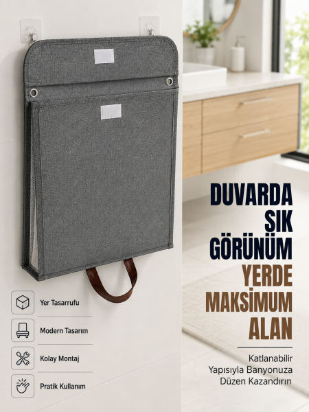Katlanır Duvar Askılı Çamaşır Sepeti Geniş İç Hacimli Banyo Düzenleyici - Lisinya