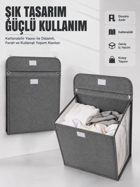 Duvara Asılabilir Katlanabilir Kirli Çamaşır Sepeti Geniş Hacimli Düzenleyici - Lisinya