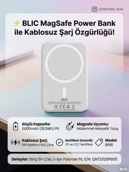 BPB1 MagSafe Uyumlu 5000mAh Kablosuz Güç Bankası - Lisinya
