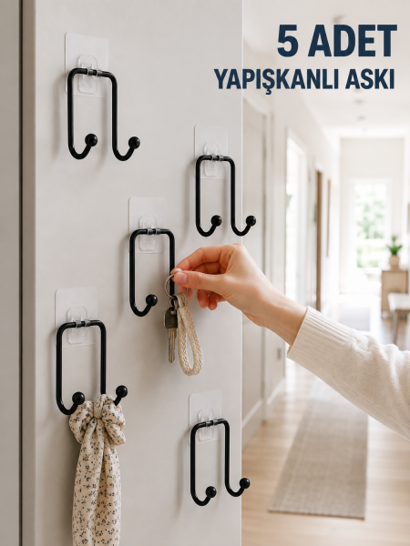 5 Adet Yapışkanlı Duvar Askısı Çok Amaçlı Pratik Askılık Seti - Lisinya
