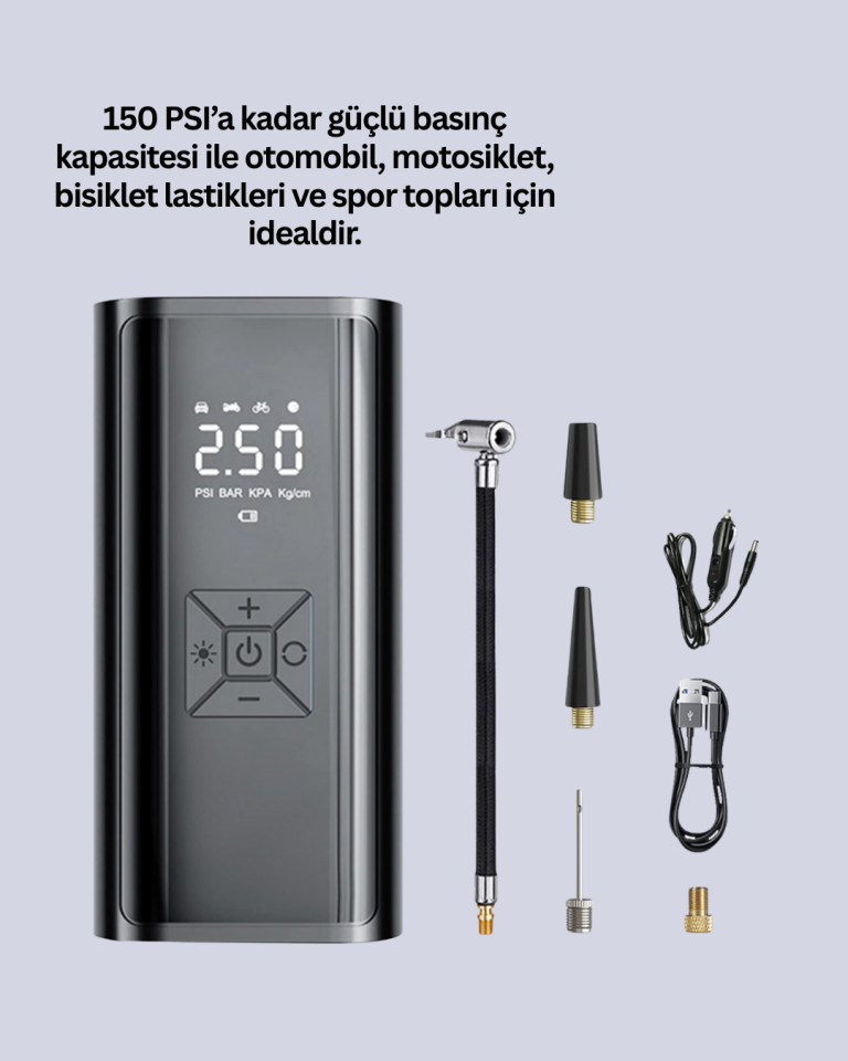 80W Kablosuz Dijital Ekranlı Taşınabilir Lastik Şişirme Pompası - Lisinya