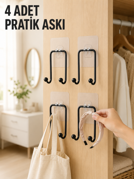 4 Adet Yapışkanlı Duvar Askısı Çok Amaçlı Pratik Askılık Seti - Lisinya