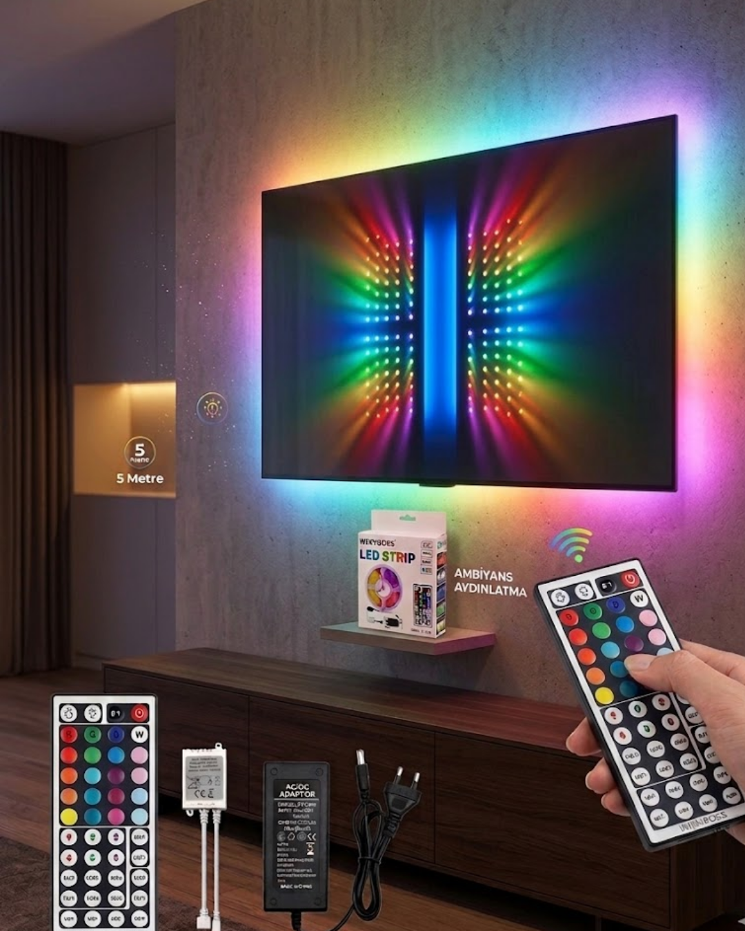 RGB LED Strip 5 Metre Kumandalı 5050 Şerit Led Dekorasyon Işığı - Lisinya