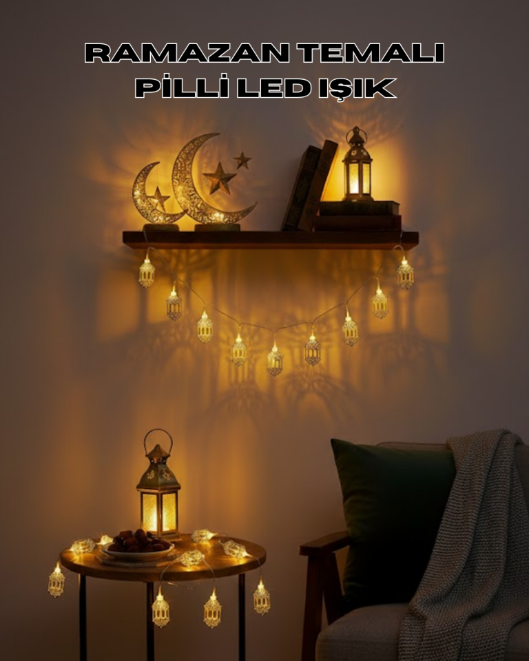 Altın Fener Detaylı Pilli Ramazan LED Işık Ev Dekorasyonu - Lisinya