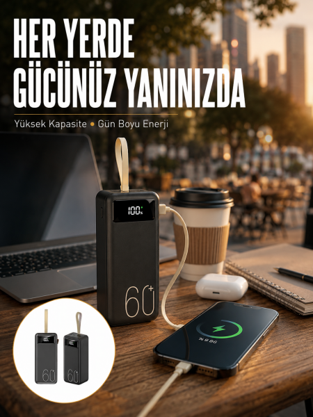 Powerbank 60.000 Mah Taşınabilir Şarj Hızlı El Fenerli Dijital Göstergeli Yeni Nesil - Lisinya