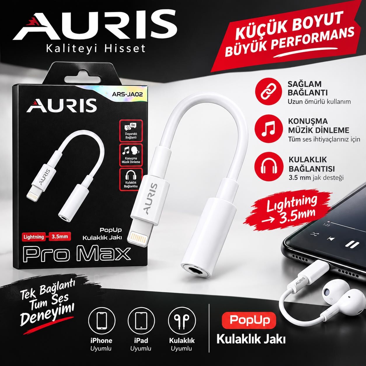 Auris ARS-JA02 Lightning 3.5 mm Kulaklık ve Ses Dönüştürücü Jak - Lisinya