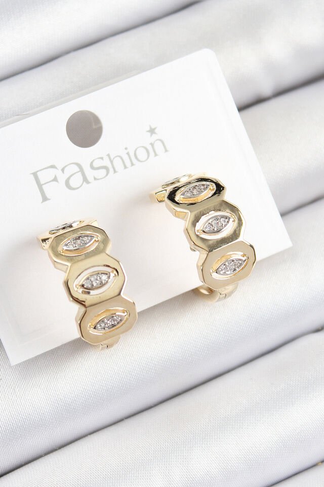 Pirinç Zirkon Taşlı Damla Figürlü Halka Model Gold Renk Kadın Küpe - Lisinya