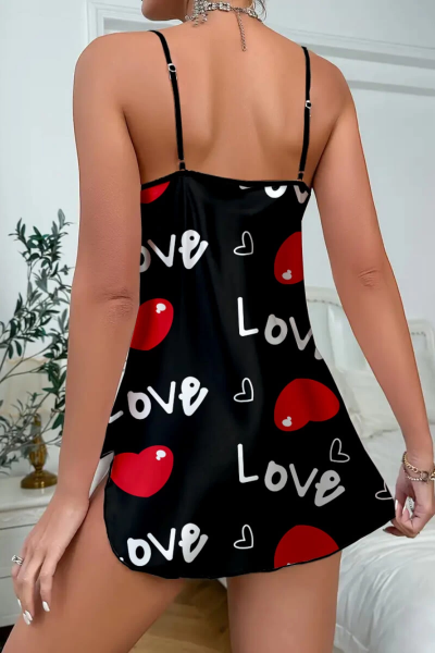 Love Desenli Siyah Saten Gecelik