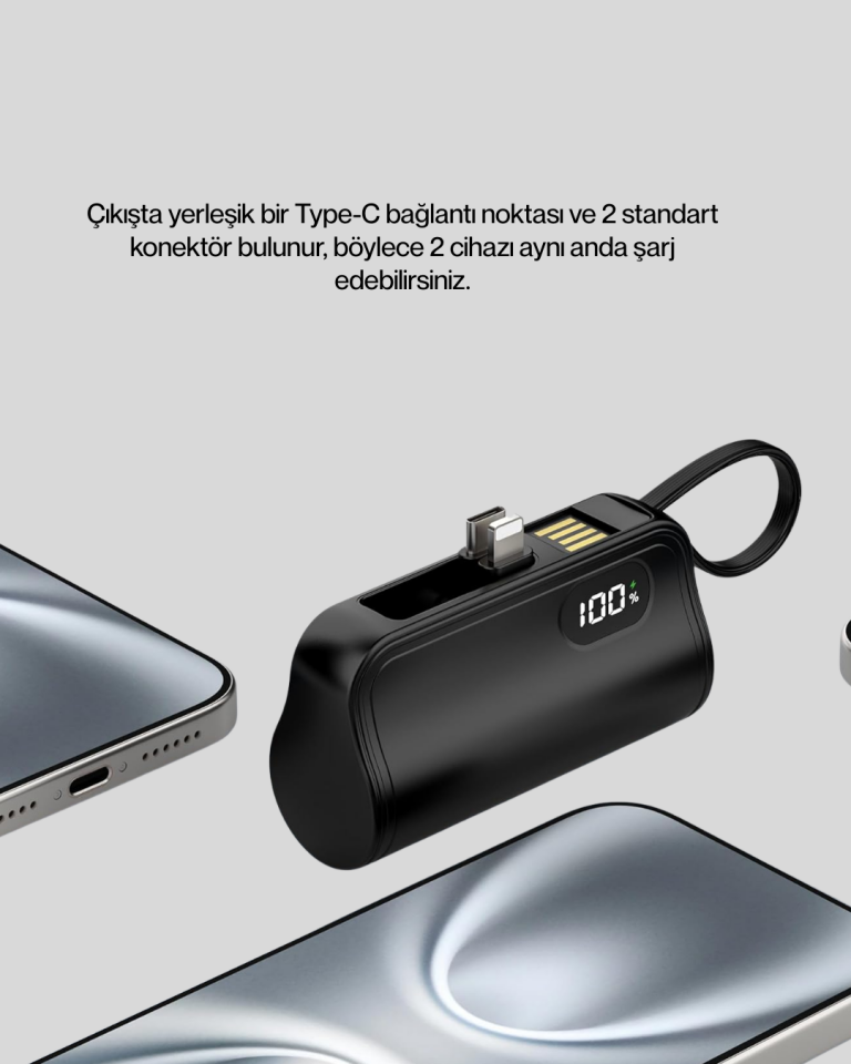 YamanHobi 5000 mAh Mini Powerbank PD20W Dahili Konektörlü Standlı Siyah