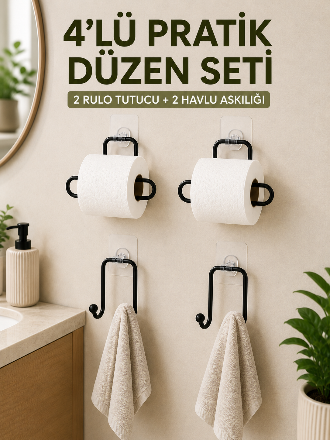 Duvara Yapışkanlı Rulo Kağıtlık ve Havlu Askılığı 2’şer Adet 4’lü Set - Lisinya