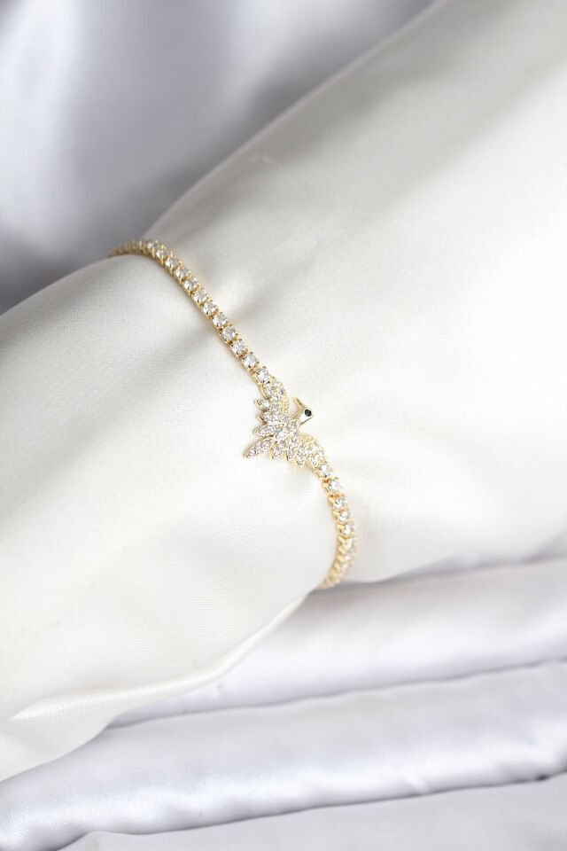 Anka Kuşu Model Zirkon Taşlı Gold Renk Pirinç Su Yolu Kadın Bileklik - Lisinya