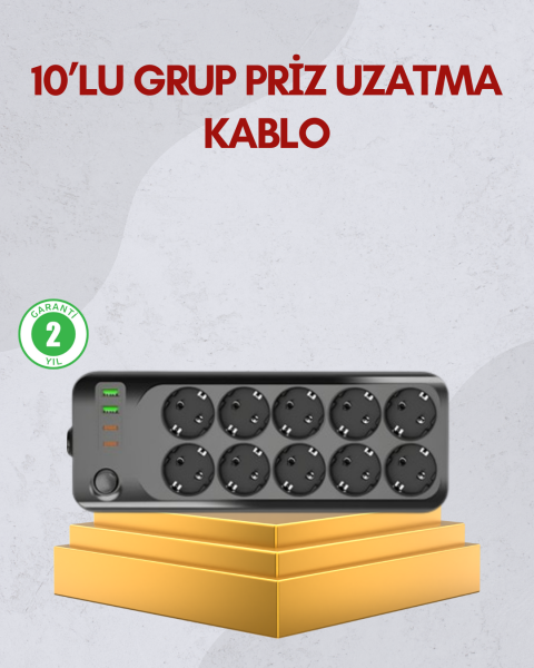 10 Prizli Uzatma Kablosu Termal Koruma USB Type-C Hızlı Şarj 2500W - Lisinya