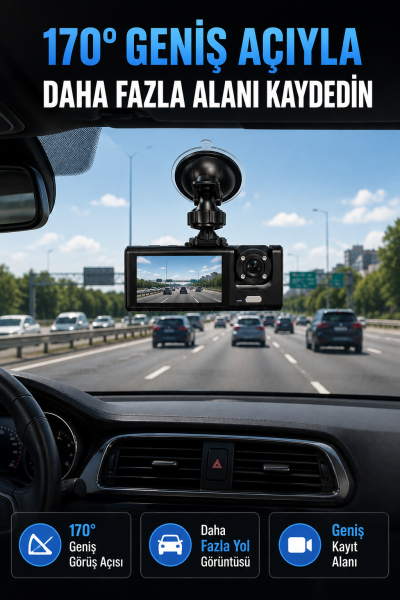WiFi Destekli Araç İçi Kamera Çift Kameralı Full HD 1080P 170° Geniş Açılı Araç Kayıt Kamerası - Lisinya