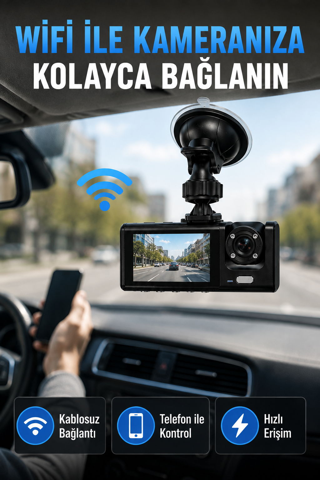 Çift Kameralı WiFi Araç Kamerası 170° Geniş Açı Full HD Araç İçi Kayıt Sistemi - Lisinya