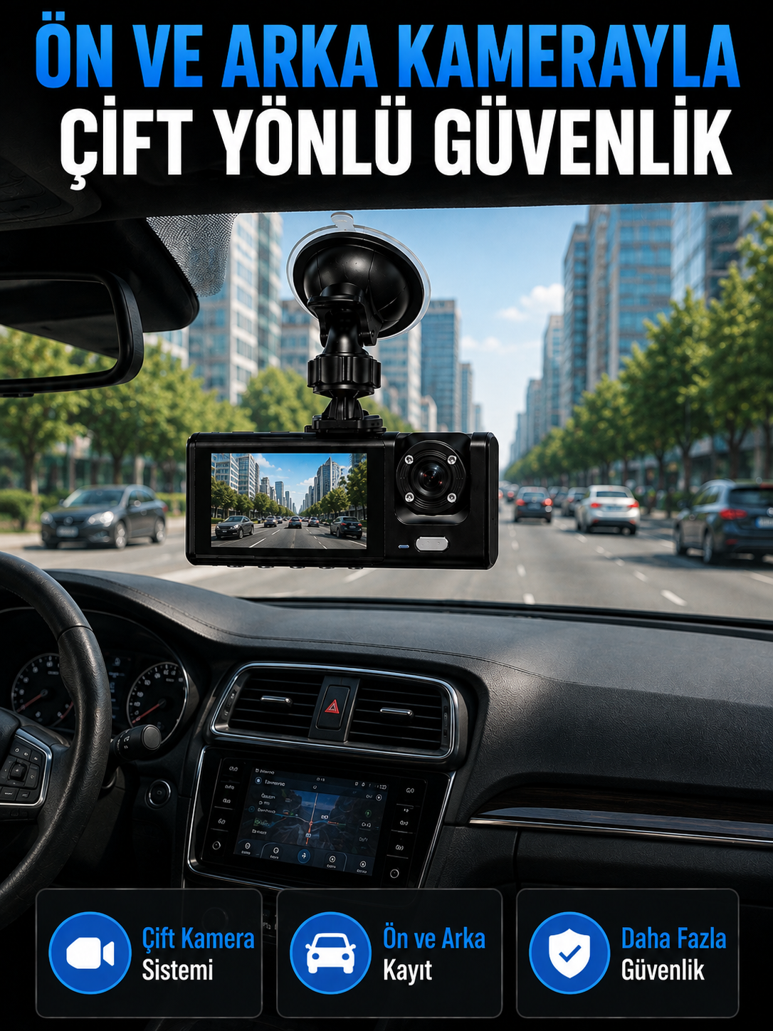 WiFi Çift Kameralı Araç İçi Kayıt Kamerası 1080P Full HD 170° Geniş Açılı Araç Kamerası - Lisinya