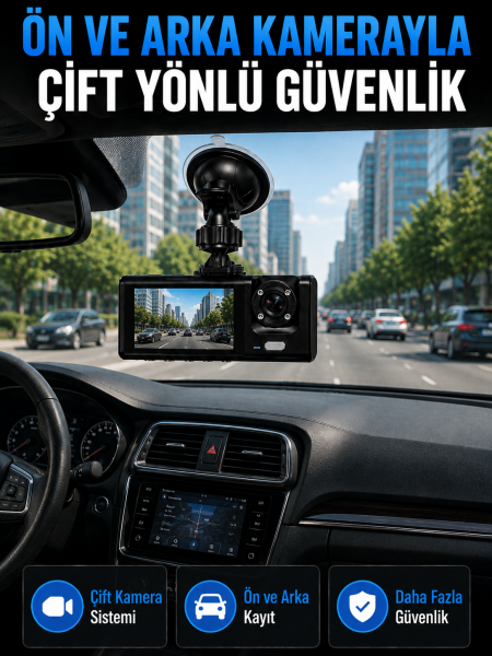 WiFi Çift Kameralı Araç İçi Kayıt Kamerası 1080P Full HD 170° Geniş Açılı Araç Kamerası - Lisinya