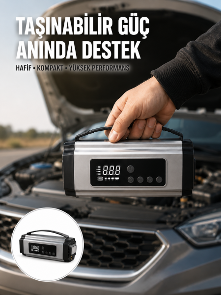 Dijital Göstergeli Akü Takviye Cihazı Lastik Şişirme Powerbank ve LED Işık Özellikli Yeni Nesil - Lisinya