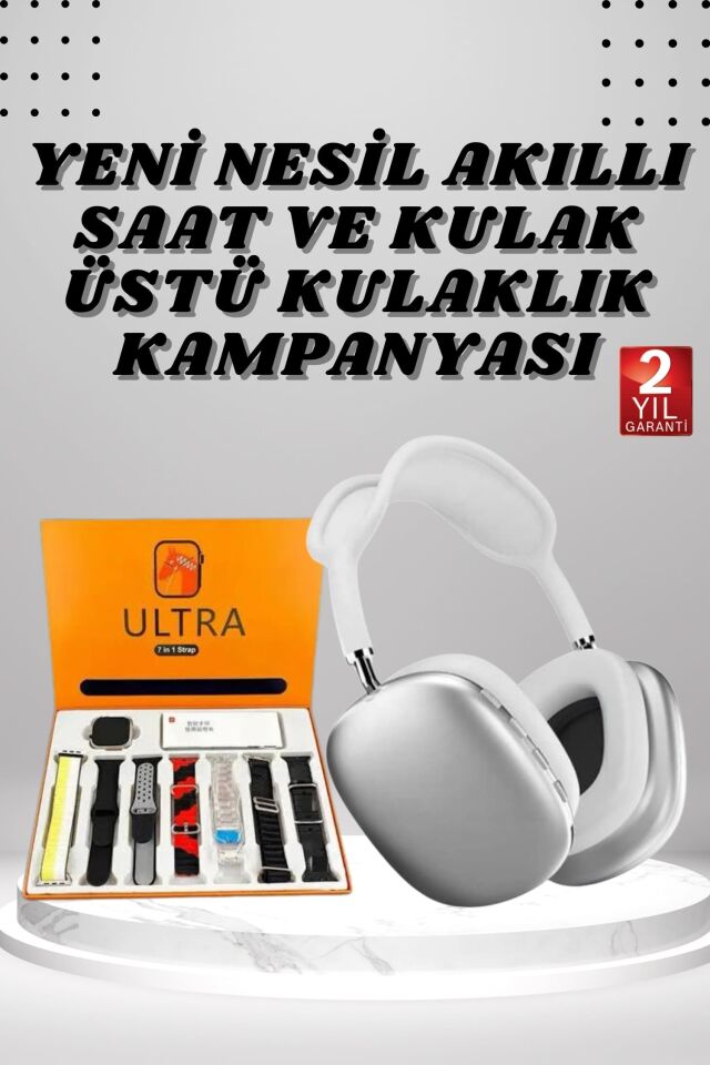 Kulak Üstü P9 Kablosuz Bluetooth Kulaklık ve 7 Kordonlu Akıllı Saat - Lisinya
