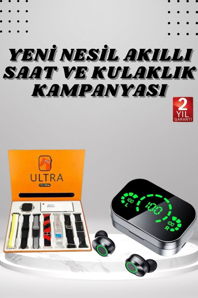 7 Kordonlu Akıllı Saat Ve Aynalı Bluetooth Kulaklık Powerbank Dijital Göstergeli - Lisinya