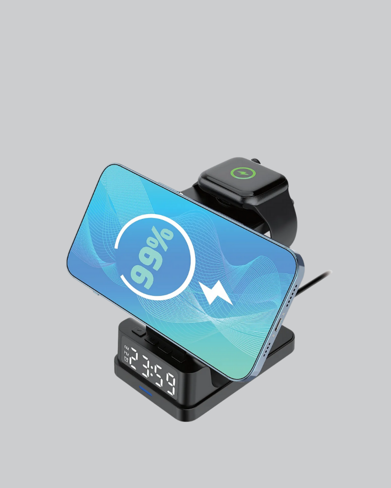 Kablosuz Şarj Cihazı ve Dijital Saat – 4’ü 1 Arada Hızlı Şarj, Apple Uyumlu, LED Işıklı Tasarım - Lisinya