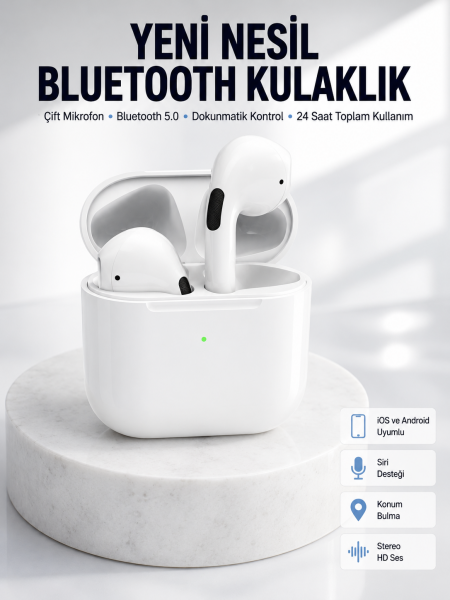 Yeni Nesil Bluetooth Kulaklık Beyaz Çağrı Cevaplayabilen Kablosuz