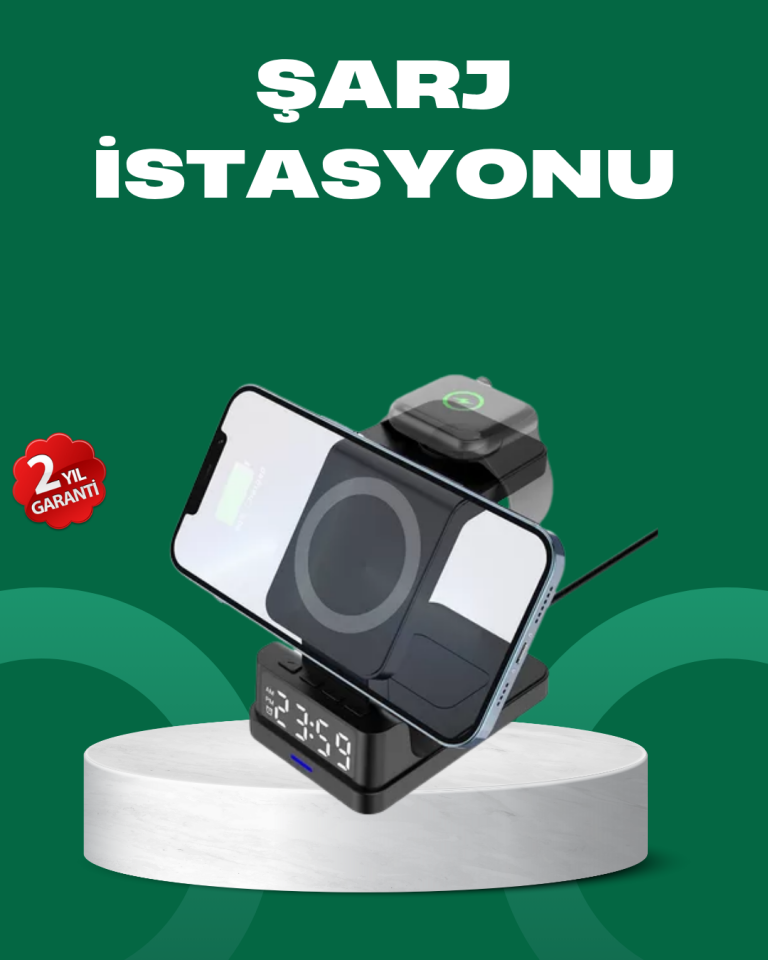 Dijital Saatli Kablosuz Şarj İstasyonu – 3’ü 1 Arada Apple Uyumlu Hızlı Şarj ve LED Ekran - Lisinya