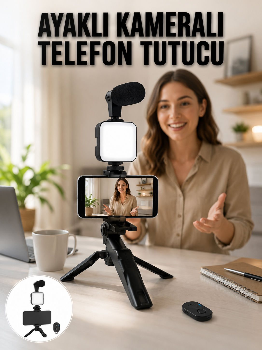 Telefon Tutucu Led Işıklı Kumandalı Mikrofon Telefon Vlog Video Kayıt Yeni Nesil - Lisinya