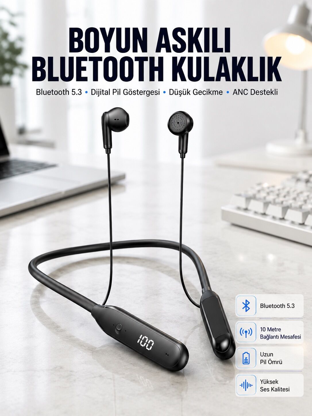 60 Saat Kablolu Boyun Askılı Dijital Göstergeli Bluetooth Kulaklığı Yeni Nesil