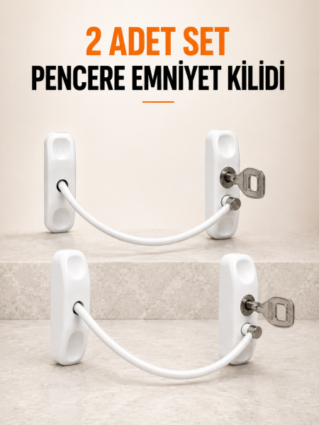 Pencere Emniyet Kilidi 2 Adet Set Kablolu Anahtarlı Pencere Açılma Sınırlayıcı - Lisinya