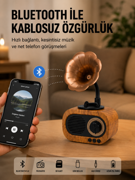 Mini Nostaljik Bluetooth Hoparlör FM Radyo 8 Saat Batarya Yeni Nesil - Lisinya